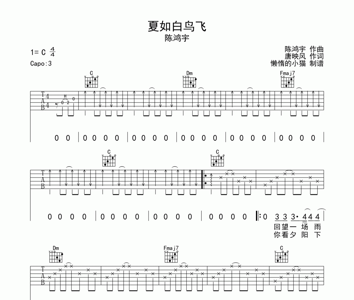 夏如白鸟飞吉他谱 陈鸿宇-夏如白鸟飞六线谱C调