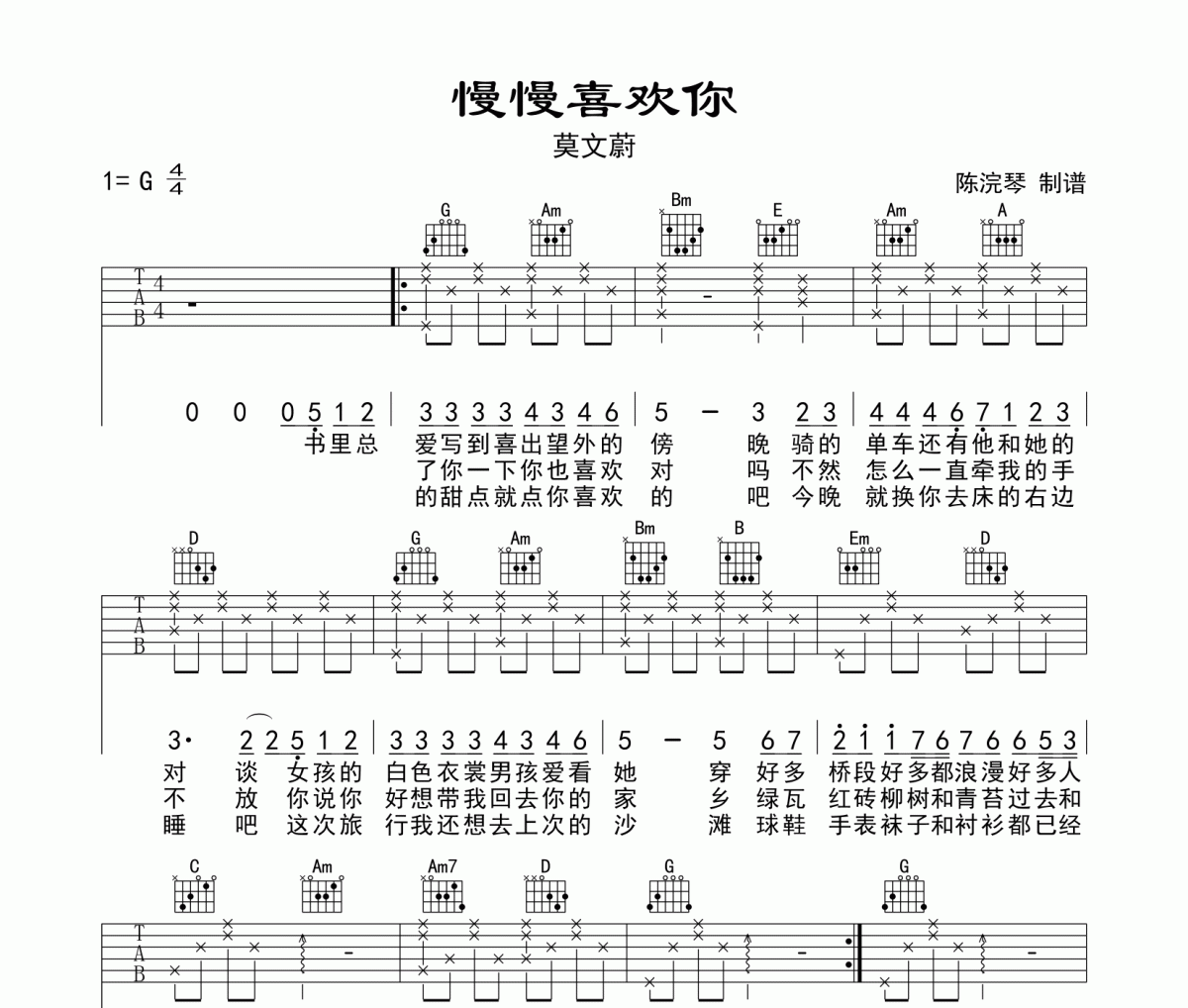 慢慢喜欢你吉他谱 莫文蔚