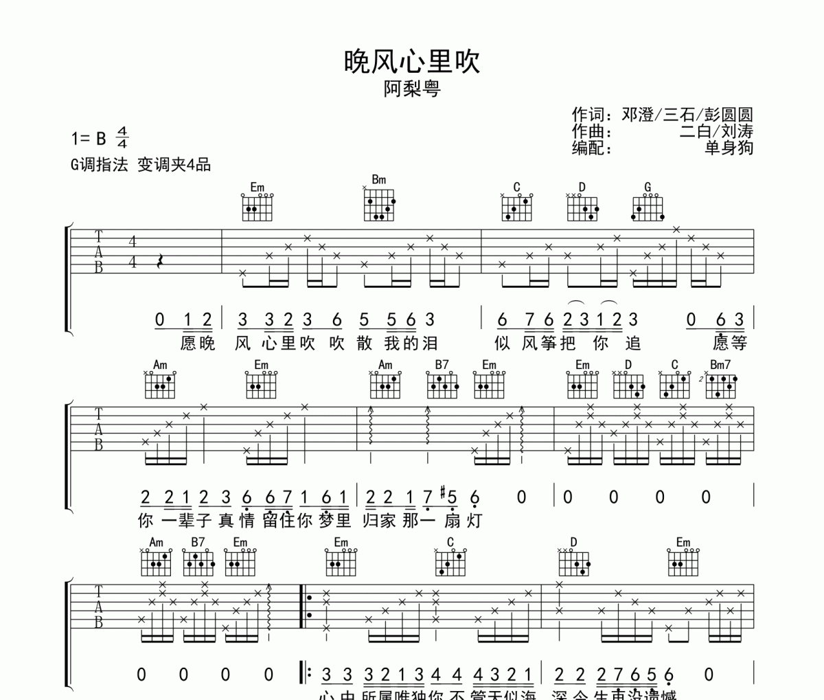 晚风心里吹吉他谱G调指法弹唱 阿梨粤