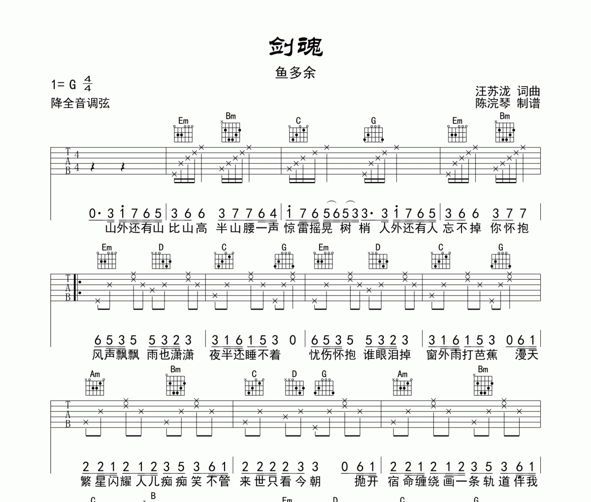 鱼多余-剑魂吉他谱弹唱谱