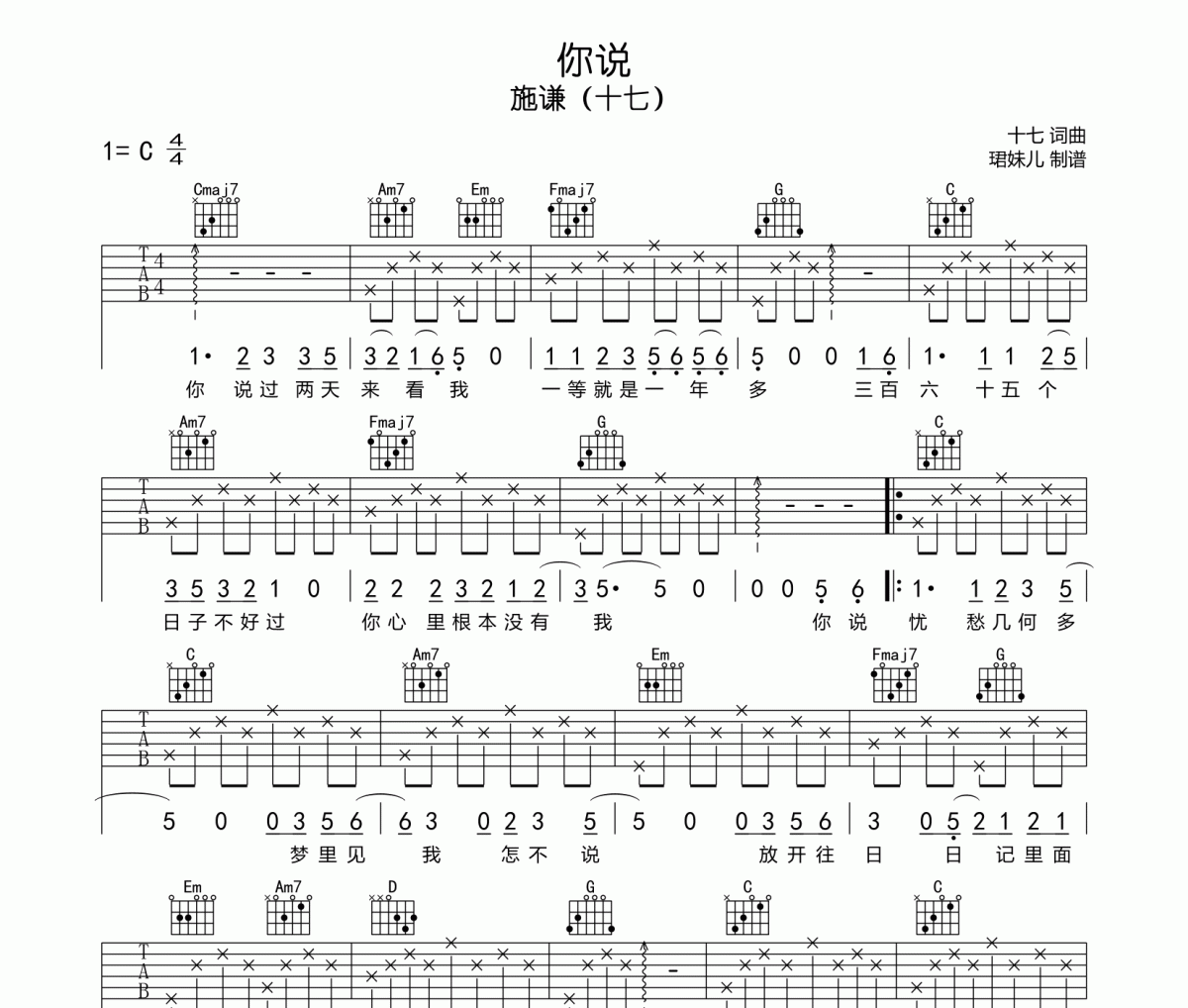施谦（十七）你说吉他谱六线谱C调