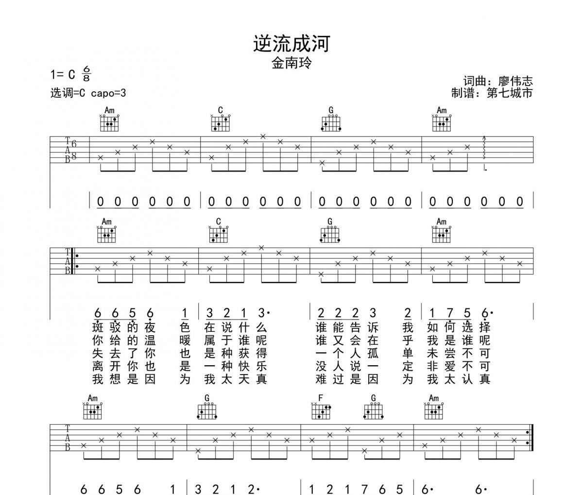 金南玲-逆流成河吉他谱六线谱