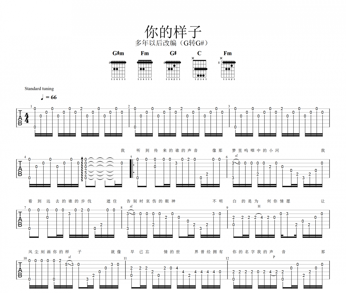 罗大佑-你的样子吉他谱六线谱【指弹】