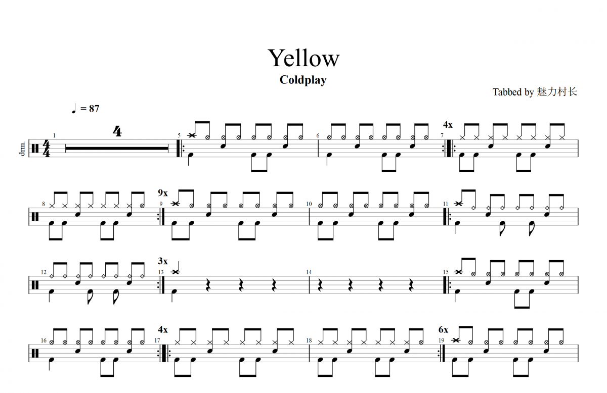 Coldplay-Yellow（原汁鼓点）架子鼓谱