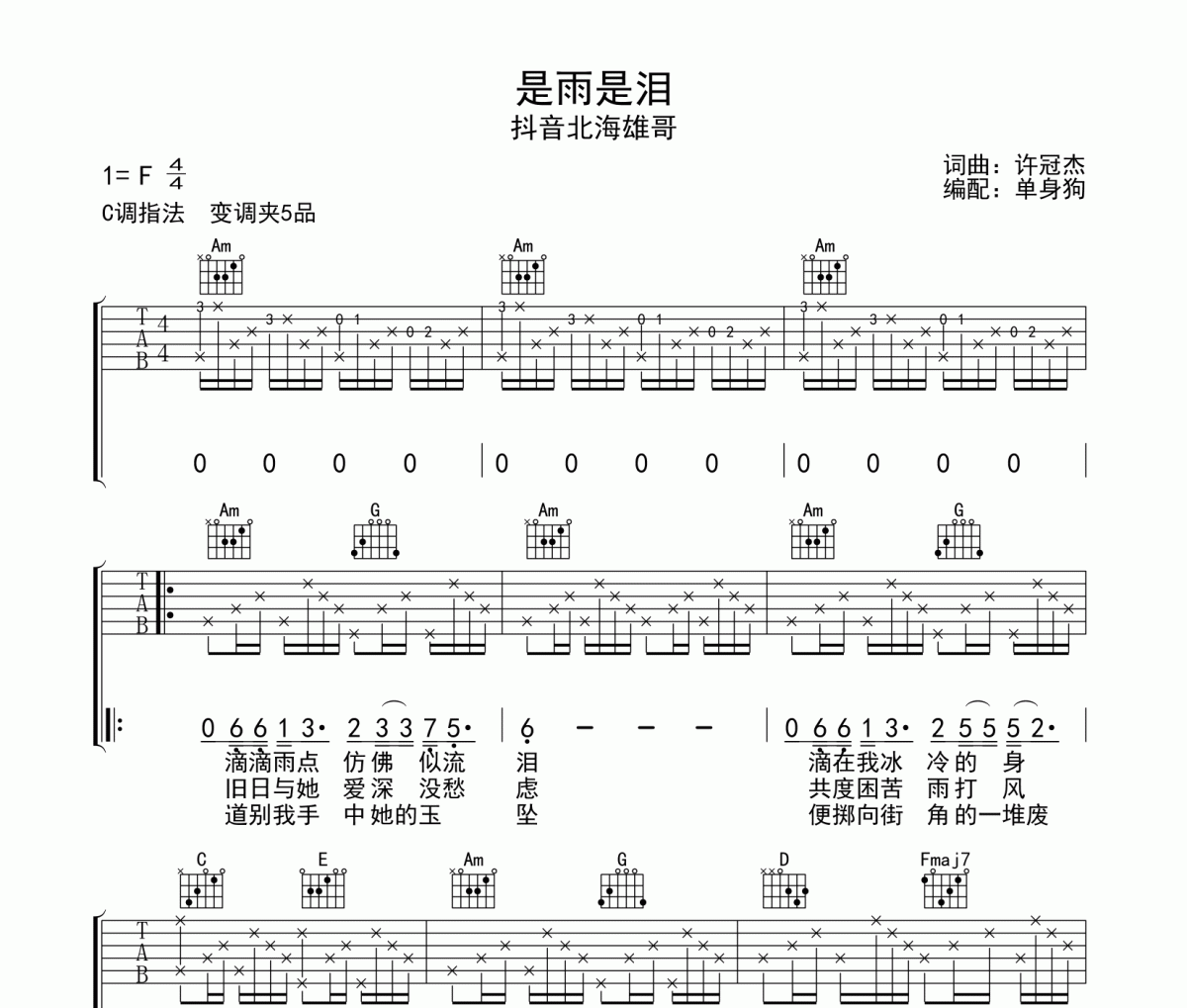 是雨是泪吉他谱 抖音北海雄哥-是雨是泪弹唱谱