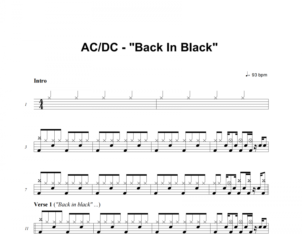 ACDC-Back In Black架子鼓谱 老虎不说谎制谱