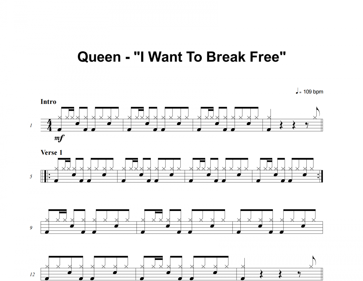 Queen-I Want to Break Free架子鼓谱爵士鼓曲谱