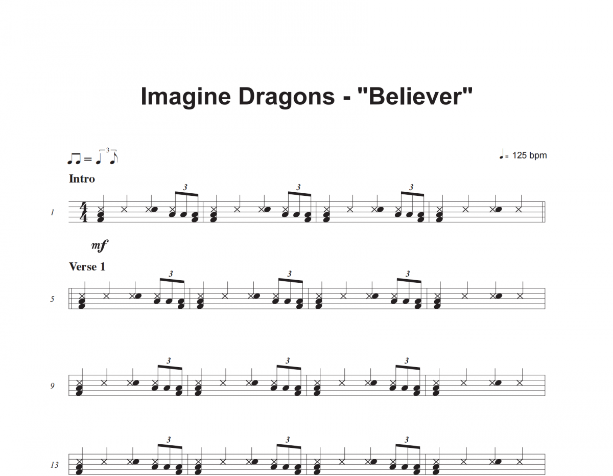 Imagine Dragons-Believer架子鼓谱爵士鼓曲谱