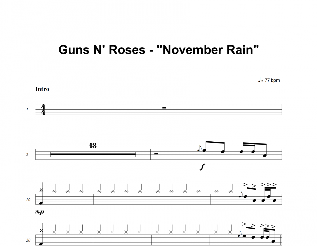 Guns N' Roses-November Rain架子鼓谱爵士鼓曲谱