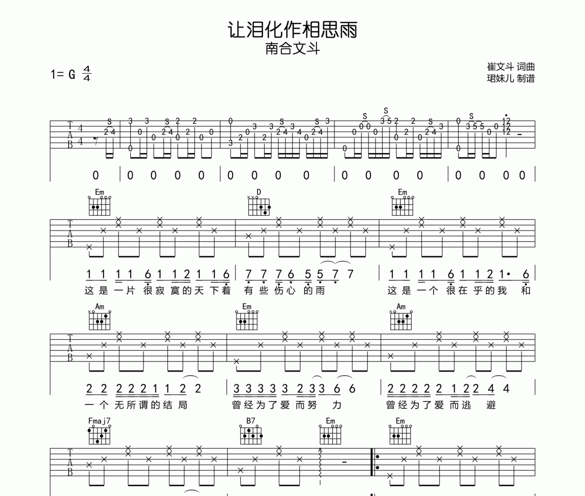 让泪化作相思雨吉他谱 南合文斗-让泪化作相思雨六线谱