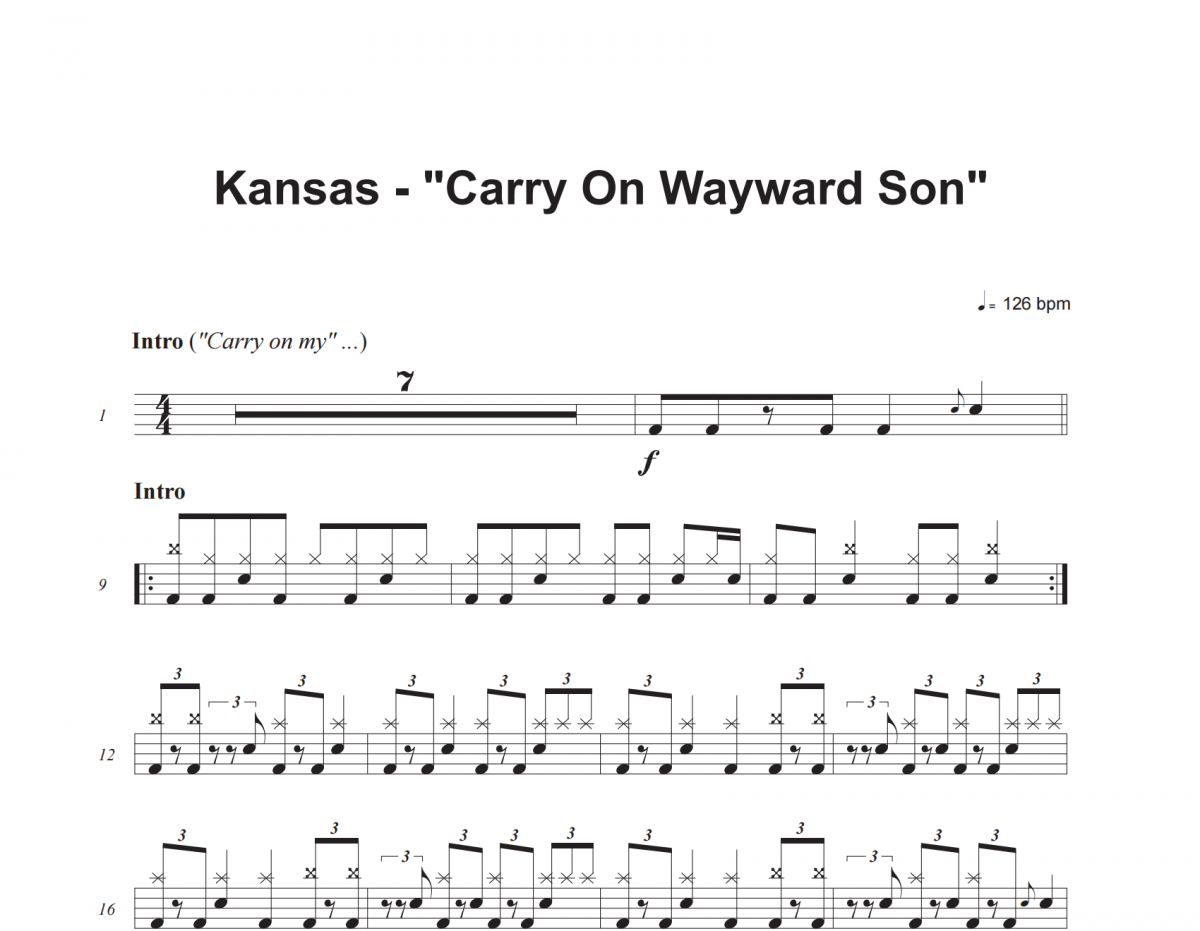 Kansas-Carry On Wayward Son架子鼓谱爵士鼓曲谱
