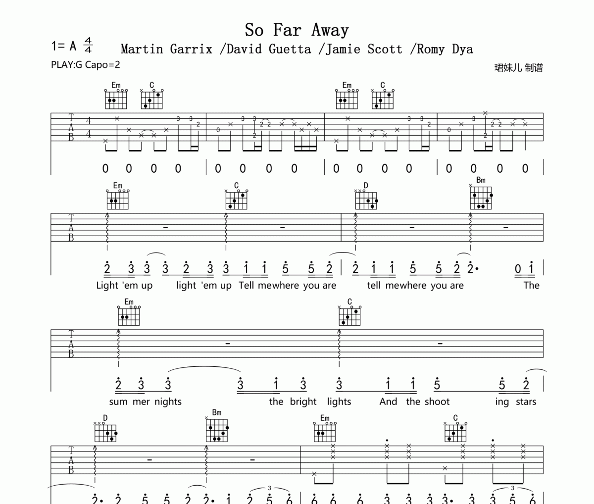 So Far Away吉他谱 Martin Garrix /David Guetta /J-So Far Away六线谱