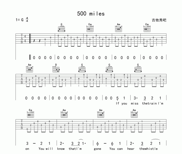 欧阳娜娜-500 miles吉他谱六线谱