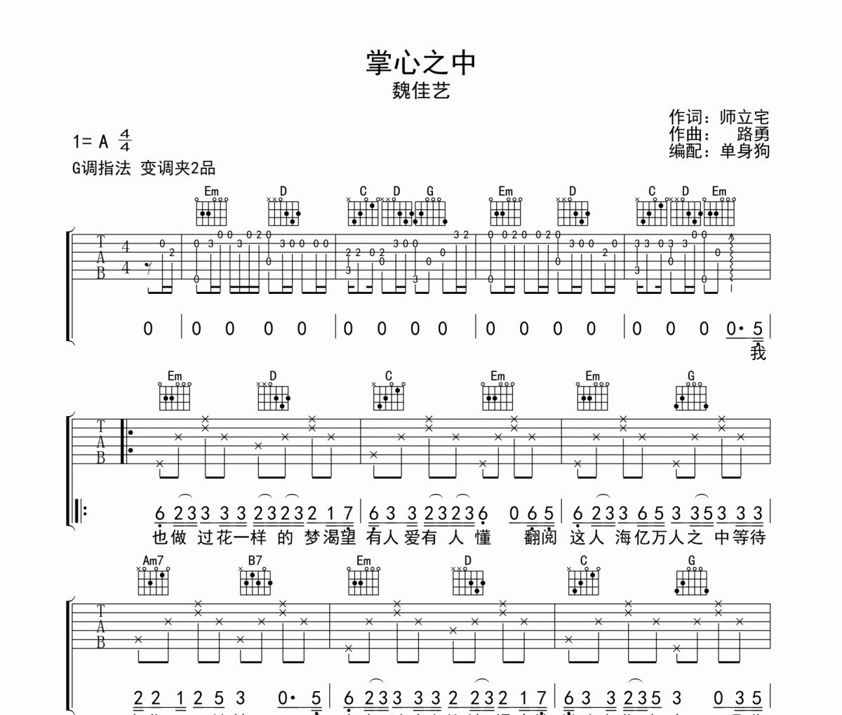 魏佳艺-掌心之中吉他谱弹唱谱