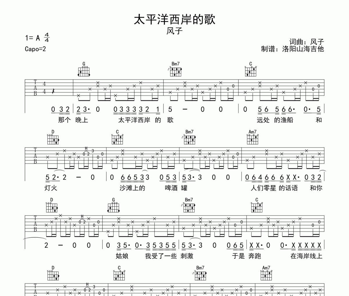 风子《太平洋西岸的歌》吉他谱六线谱G调
