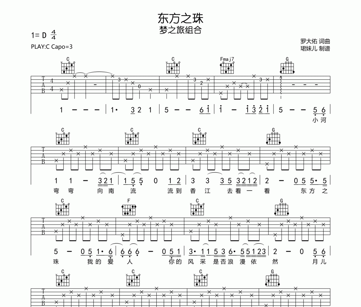 东方之珠吉他谱 梦之旅合唱组合-东方之珠六线谱C调指法编配