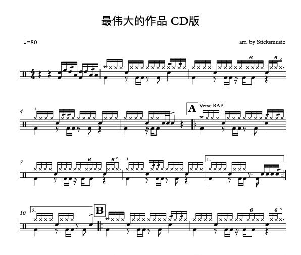 周杰伦-最伟大的作品 CD版架子鼓谱爵士鼓曲谱