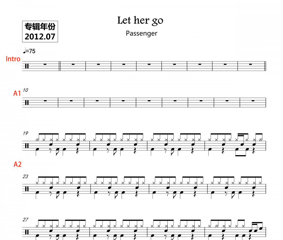 Passenger -Let her go架子鼓谱 鼓手α制谱