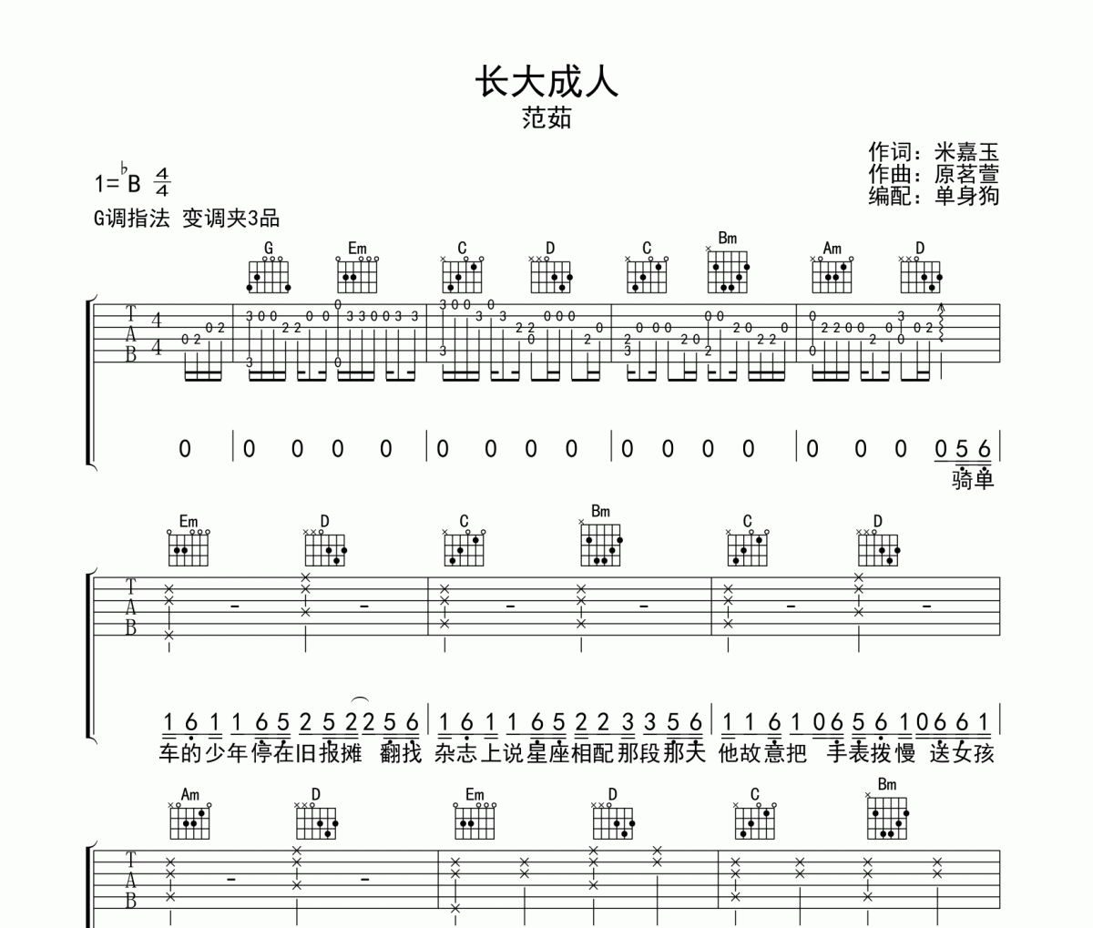 范茹《长大成人》六线谱|吉他谱G调