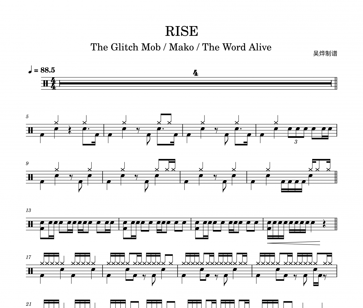 The Glitch Mob / Mako / The Wo《RISE》架子鼓谱+动态鼓谱视频