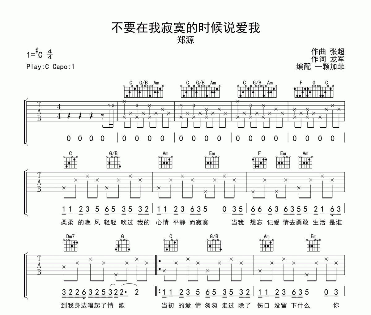 郑源 不要在我寂寞的时候说爱我吉他谱六线谱