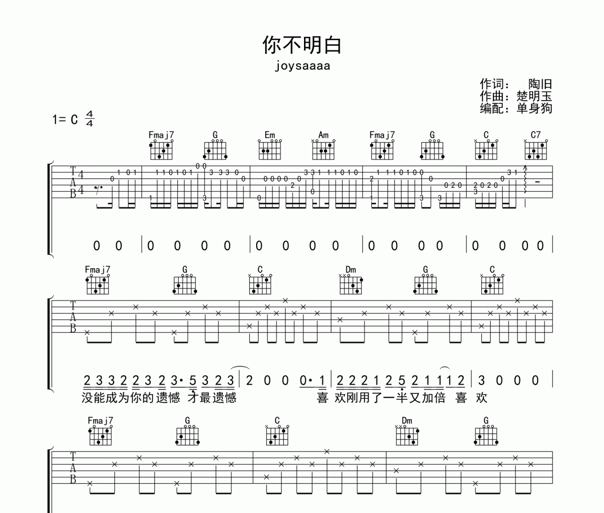 joysaaaa《你不明白》吉他谱C调弹唱谱