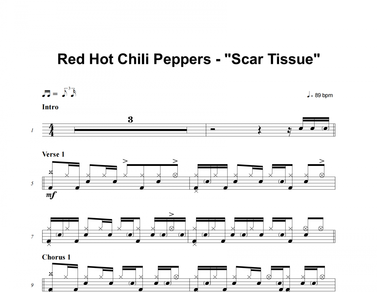 Scar Tissue鼓谱 Red Hot Chili Peppers《Scar Tissue》架子鼓|爵士鼓|鼓谱