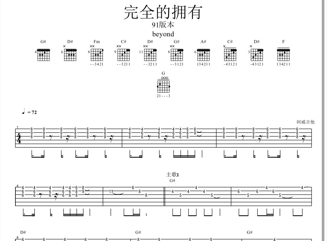 91版完全的拥有吉他谱 Beyond 《91版完全的拥有》六线谱|吉他谱