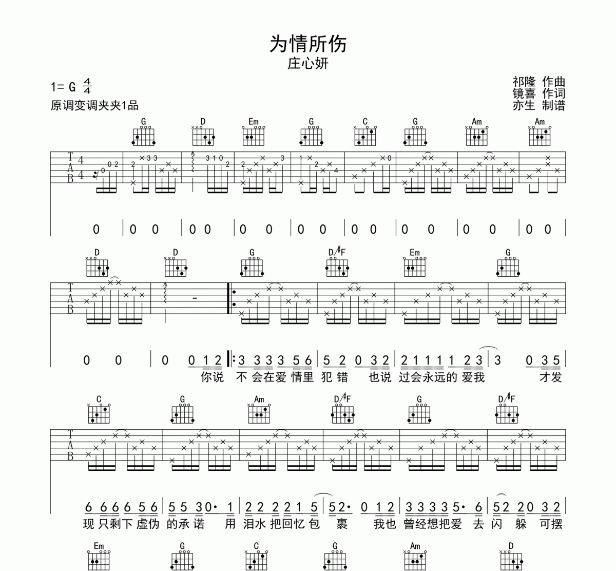 为情所伤吉他谱 庄心妍《为情所伤》六线谱|吉他谱G调和弦指法编配