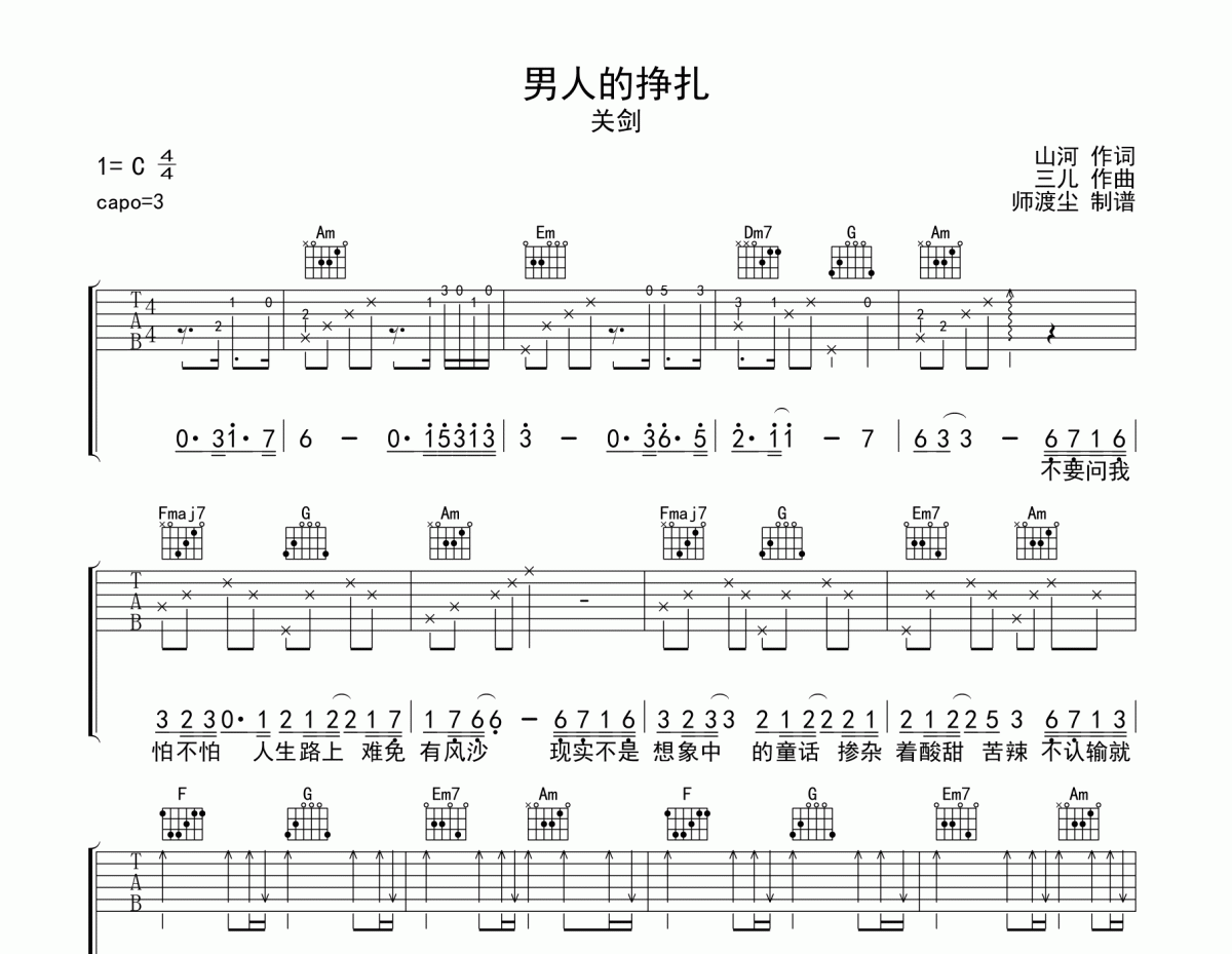 男人的挣扎吉他谱 关剑《男人的挣扎》六线谱C调和弦指法编配