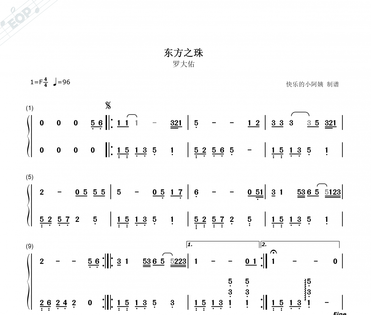 东方之珠简谱 罗大佑-东方之珠-数字双手简谱