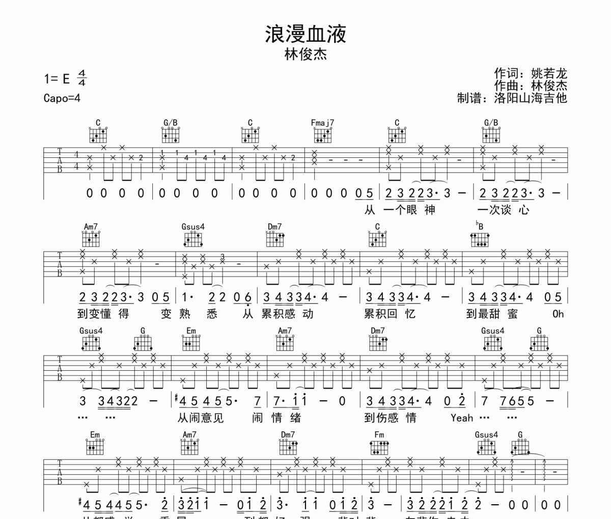 浪漫血液吉他谱 林俊杰《浪漫血液》六线谱|吉他谱C调