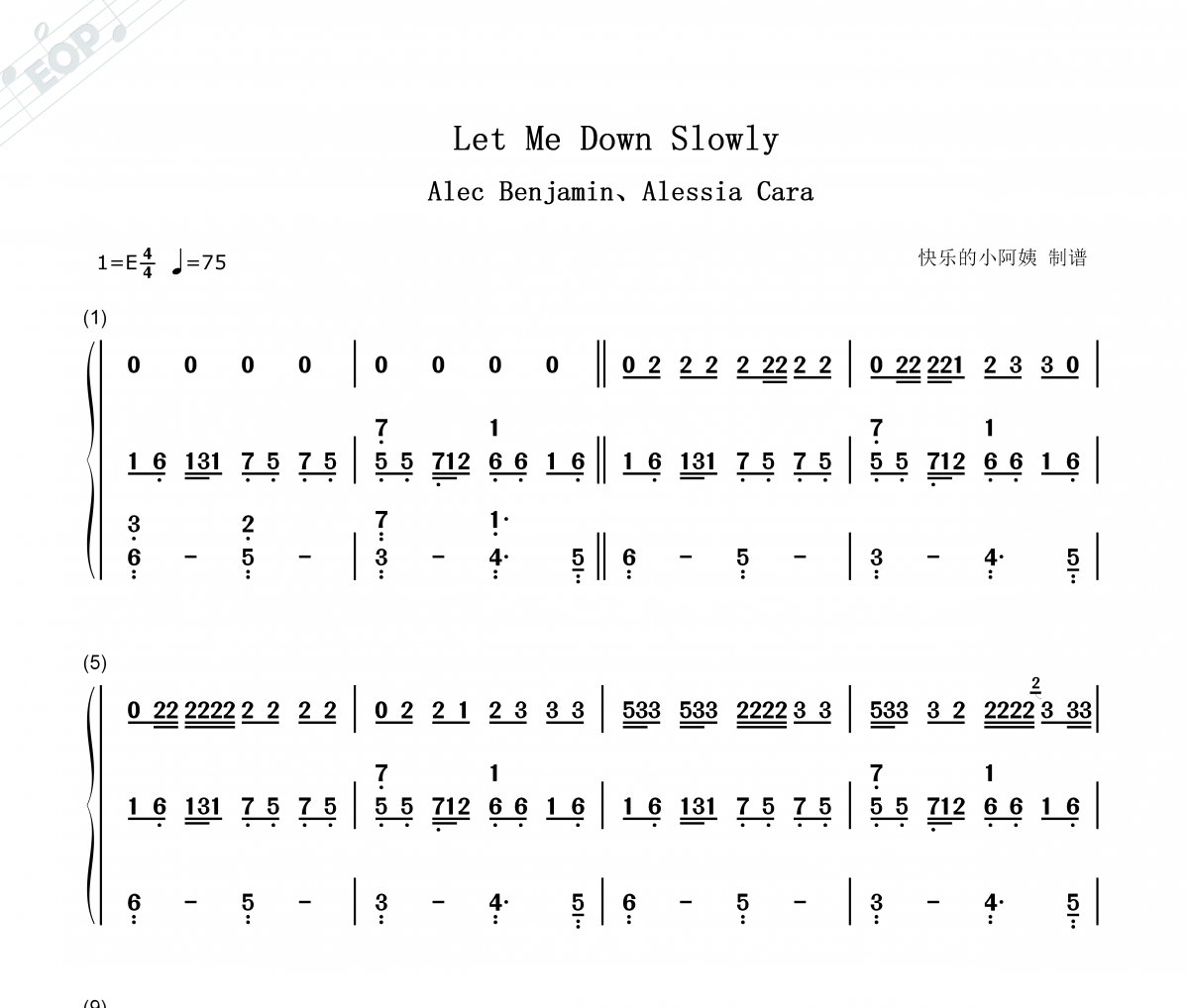 Let Me Down Slowly简谱 Alec Benjamin、Alessia Cara《Let Me Down 