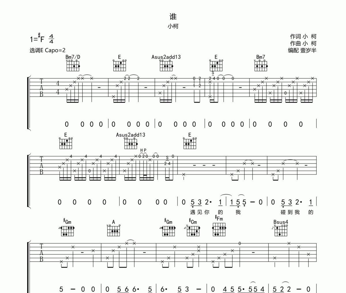 谁吉他谱 小柯《谁》六线谱E调吉他谱