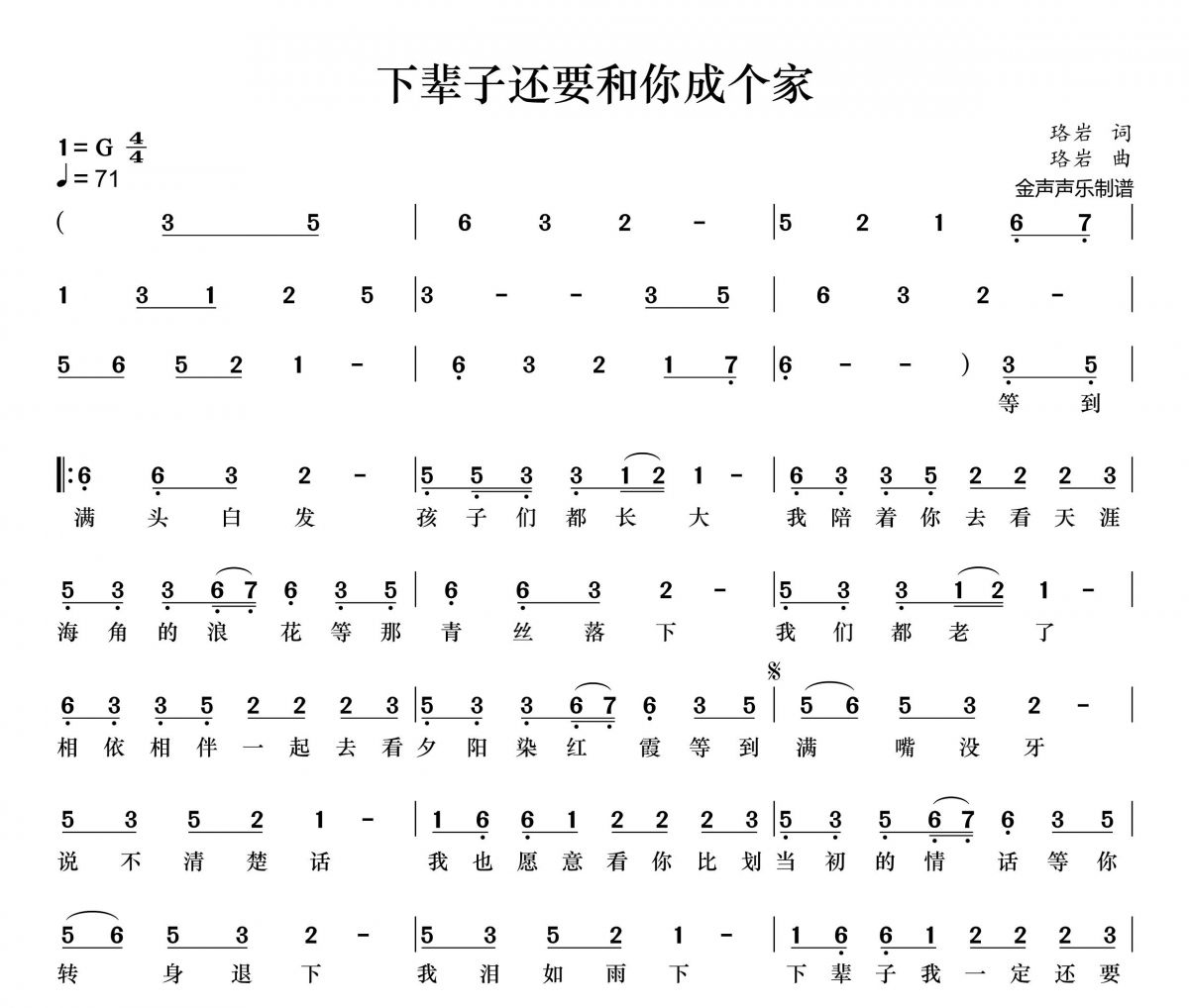 下辈子还要和你成个家简谱 江山《下辈子还要和你成个家》简谱+动态简谱视频