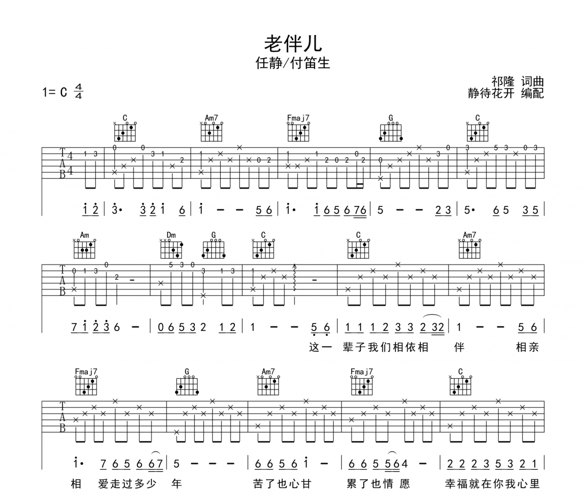 老伴儿吉他谱 任静/付笛生《老伴儿》六线谱|吉他谱