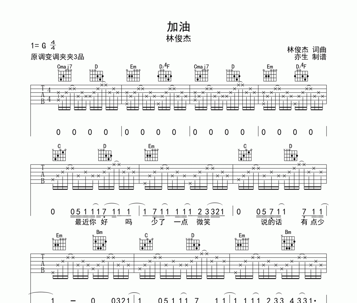 加油吉他谱 林俊杰《加油》六线谱|吉他谱