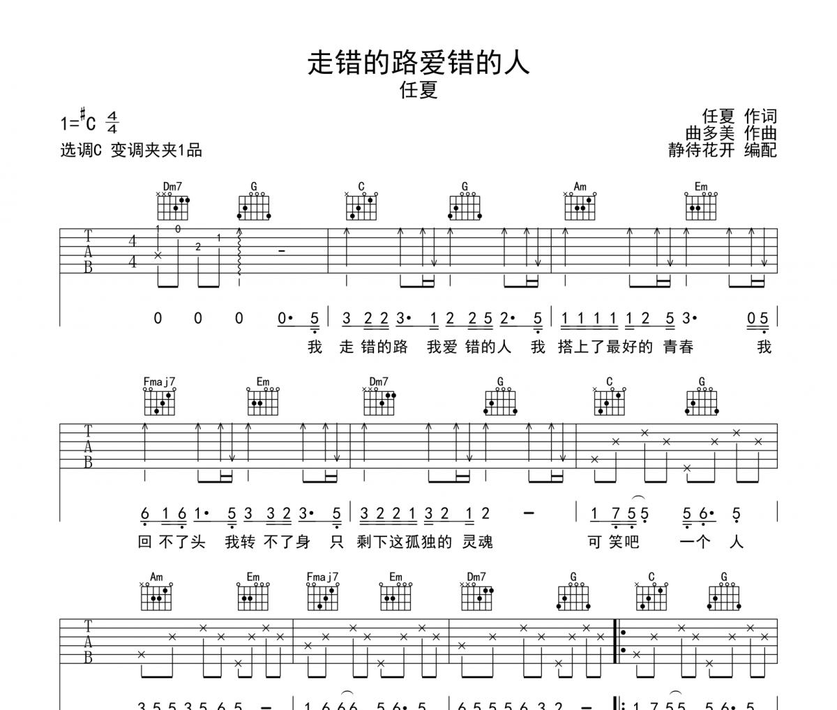 走错的路爱错的人吉他谱 任夏-走错的路爱错的人C调弹唱谱