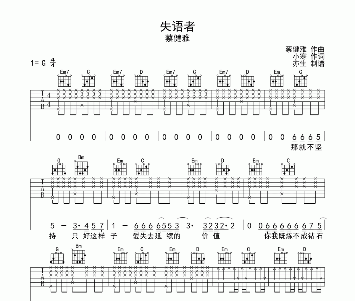 失语者吉他谱 蔡健雅《失语者》六线谱G调和弦编配吉他谱