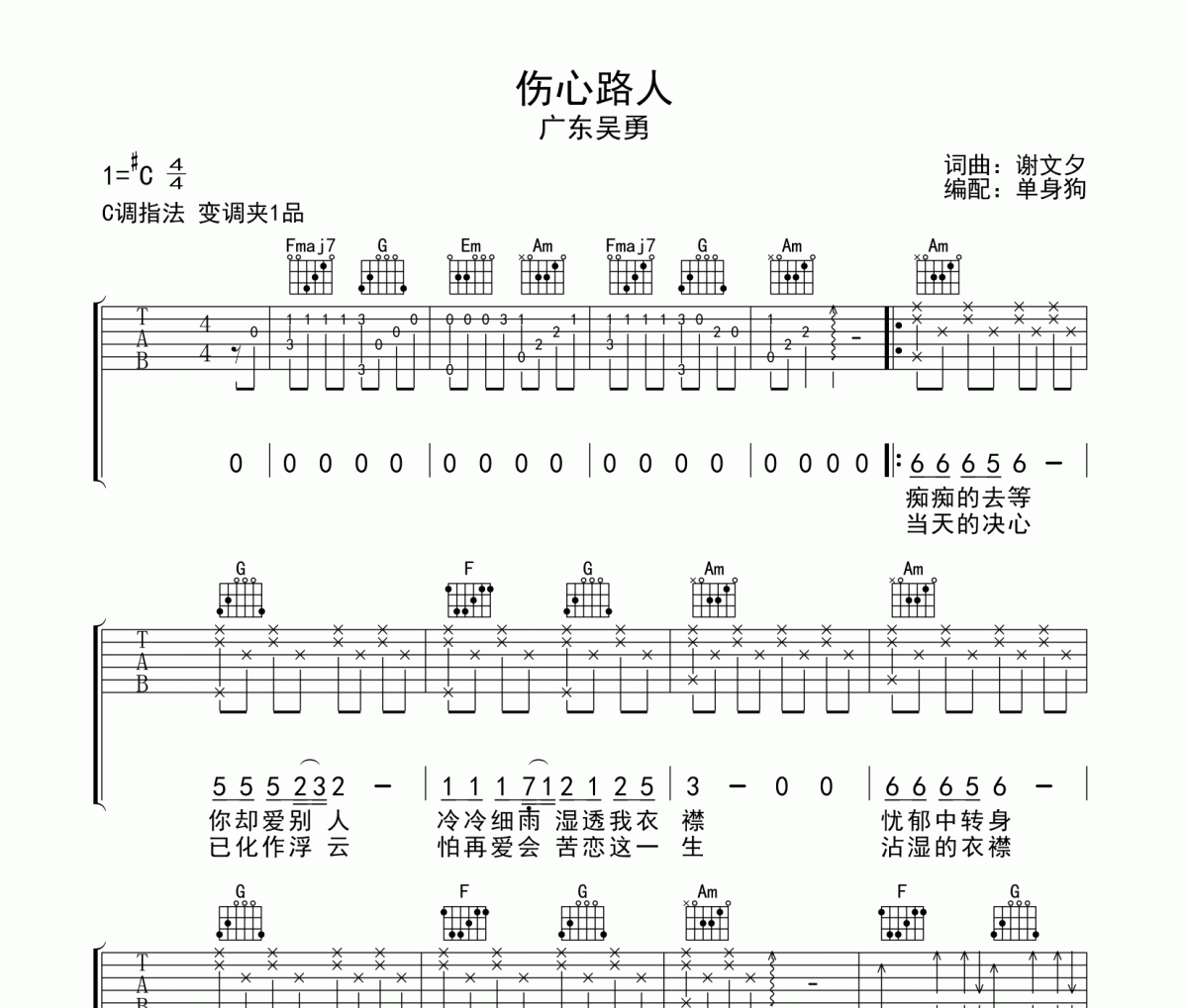 伤心路人吉他谱 广东吴勇-伤心路人弹唱谱C调