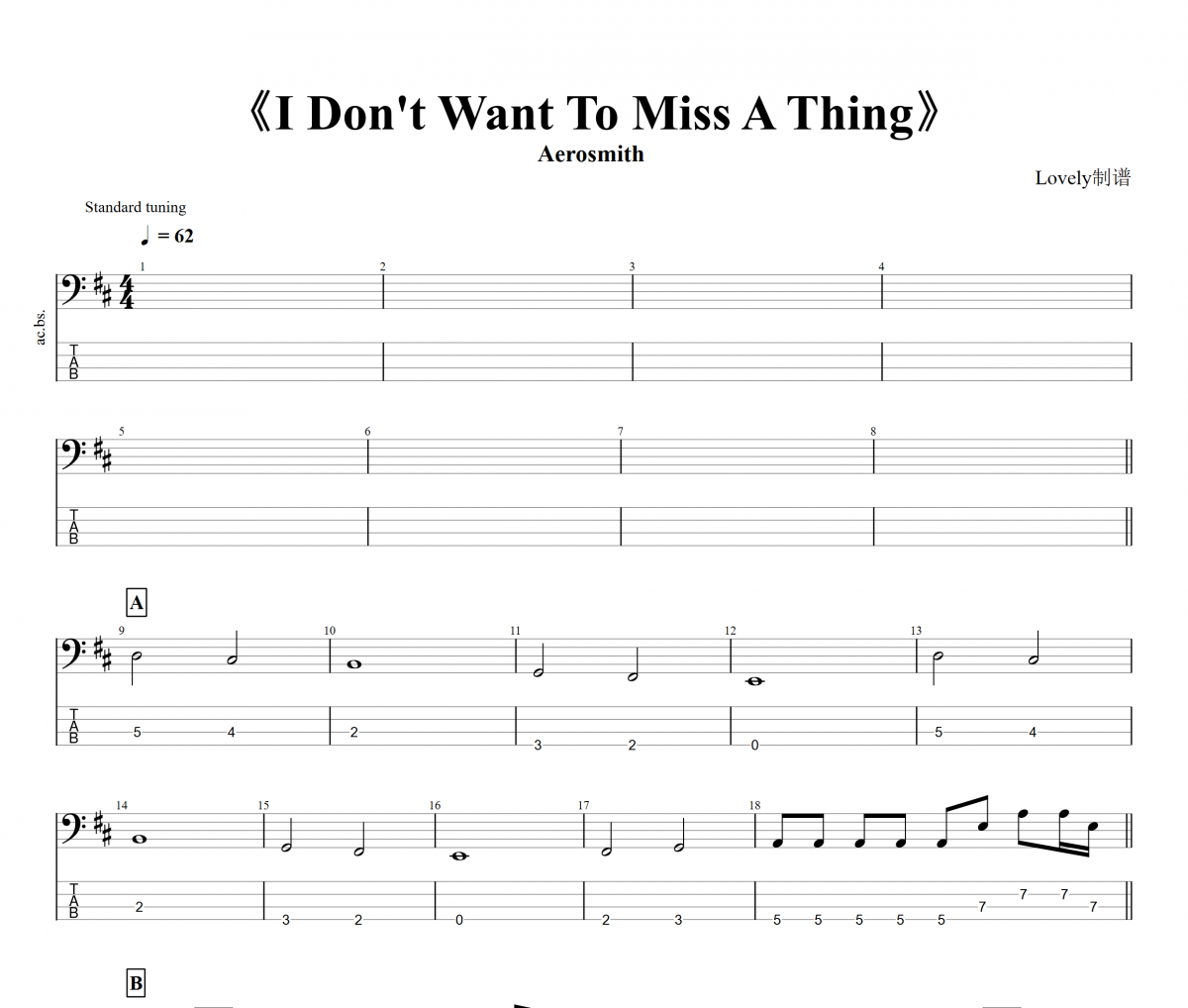 I Don't Want To Miss A Thing贝斯谱 Aerosmith-I Don't Want To Mi