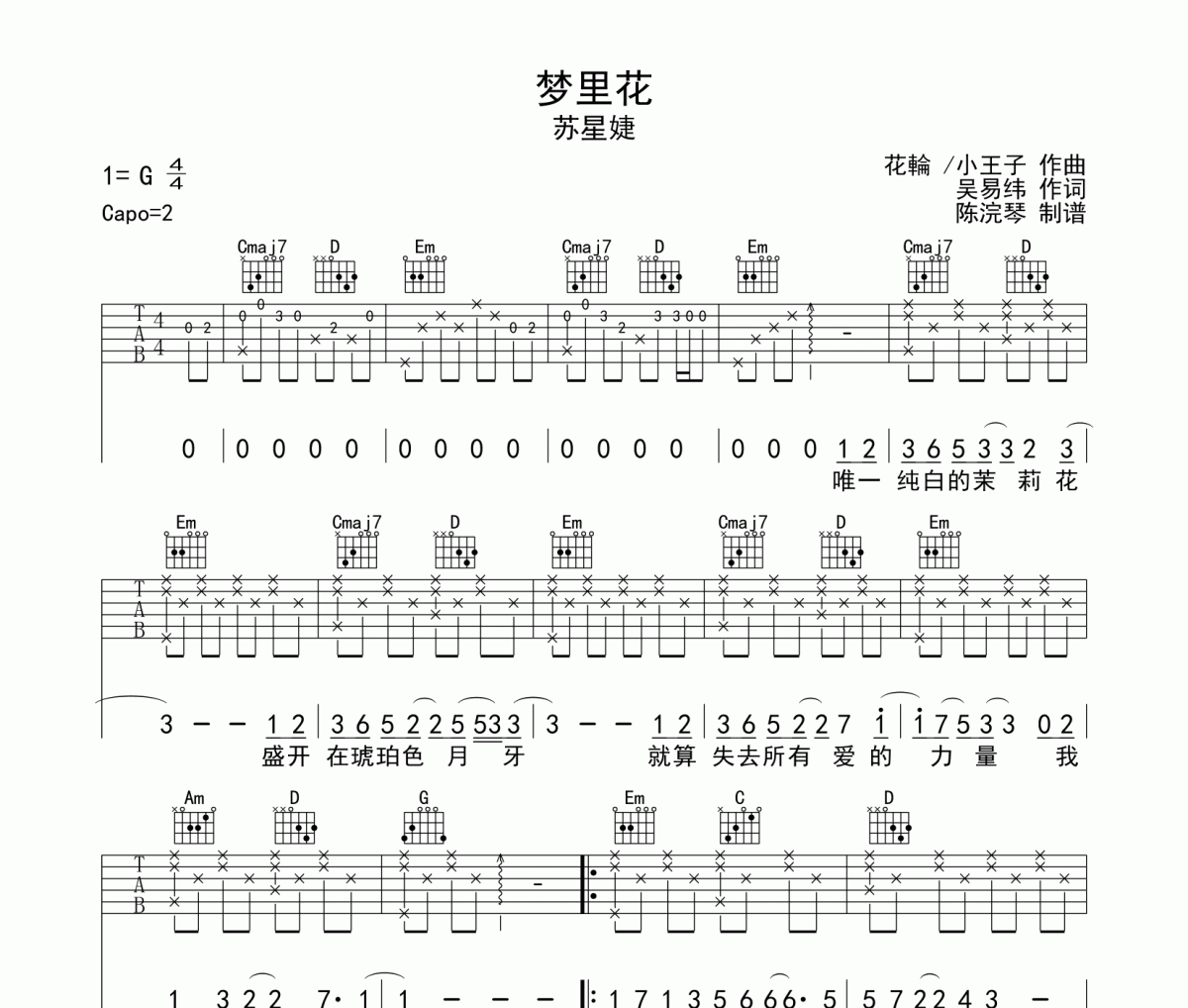 梦里花吉他谱 苏星婕《梦里花》六线谱G调指法编配吉他谱