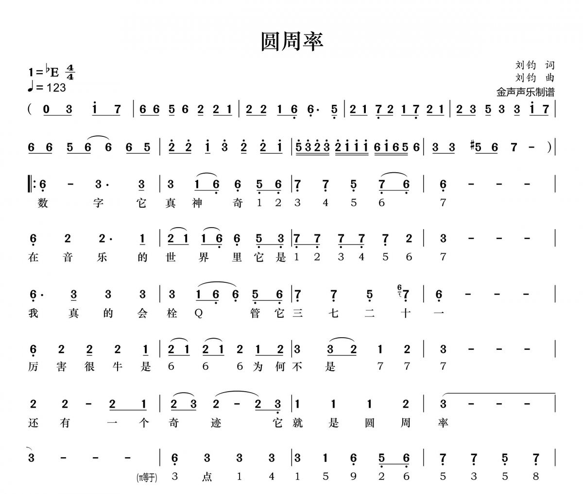 圆周率简谱 刘艺雯《圆周率》简谱+动态视频