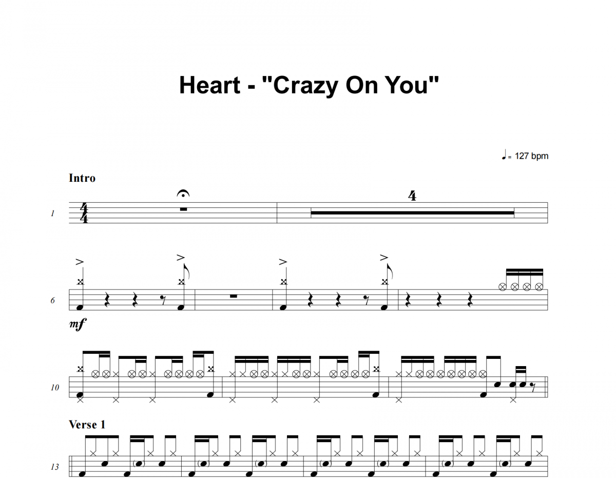 Crazy On You鼓谱 Heart《Crazy On You》架子鼓|爵士鼓|鼓谱