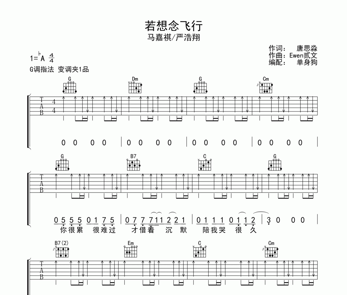 马嘉祺/严浩翔《若想念飞行》六线谱G调吉他谱