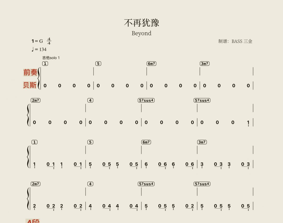 不再犹豫贝斯谱 Beyond《不再犹豫》四线谱|贝斯谱