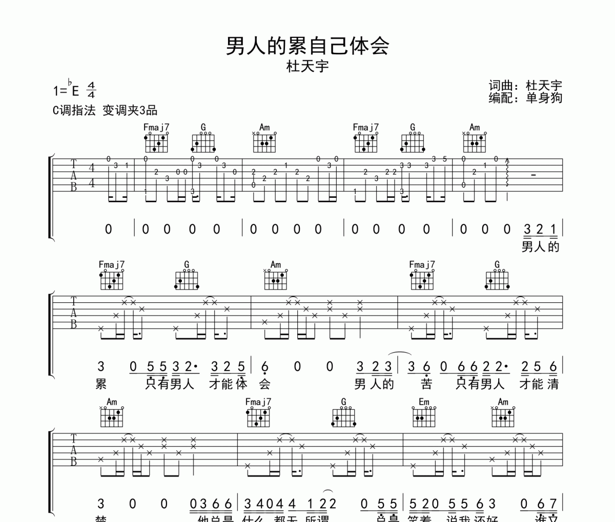 男人的累自己体会吉他谱 杜天宇《男人的累自己体会》C调弹唱谱