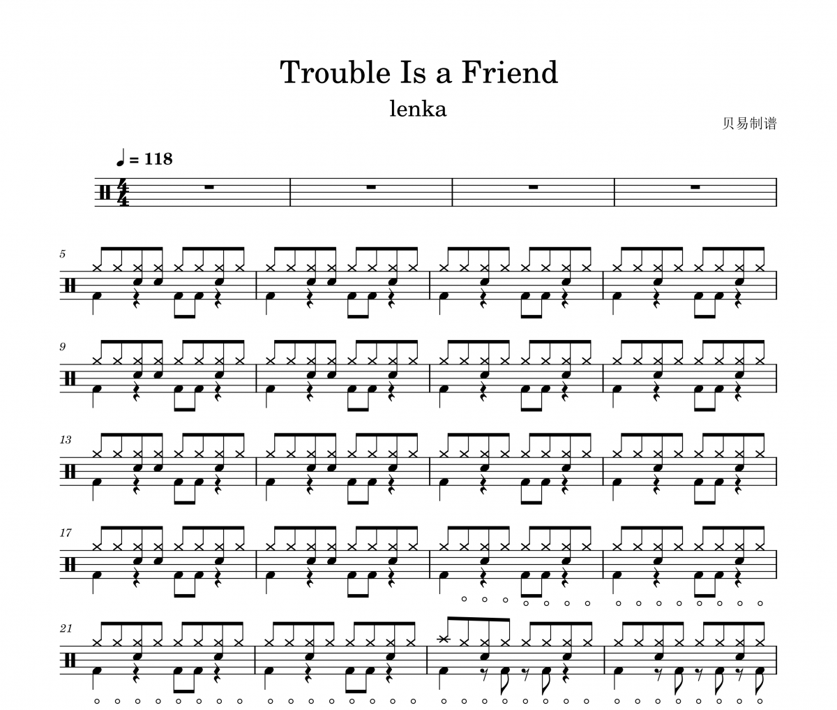 lenka-Trouble Is a Friend架子鼓|爵士鼓|鼓谱 贝易制谱