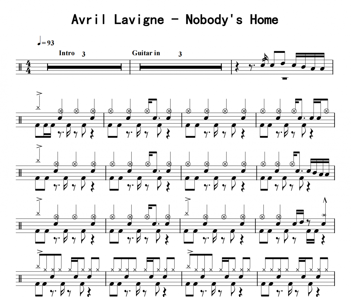 Avril Lavigne《Nobody's Home》架子鼓|爵士鼓|鼓谱 16分音符