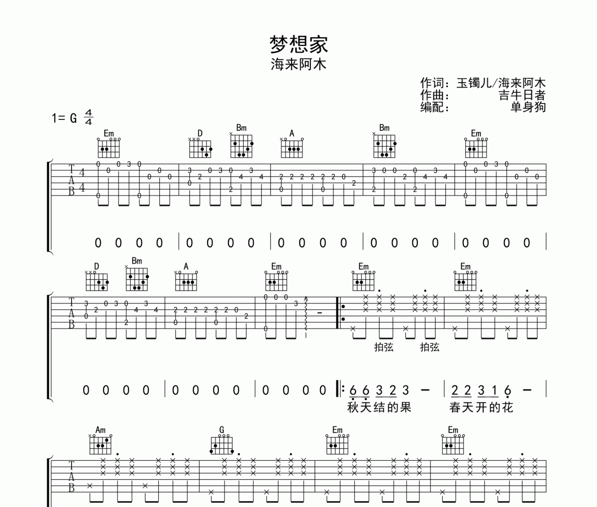 梦想家 吉他谱 海来阿木 《梦想家 》G调弹唱谱